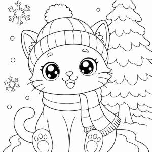 kolorowanka kot kawaii zimą