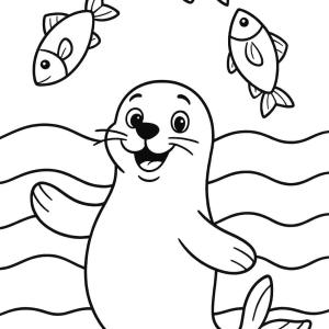 seal coloring page with fish