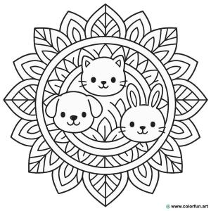 kolorowanka mandala zwierząt uroczych z kształtami geometrycznymi
