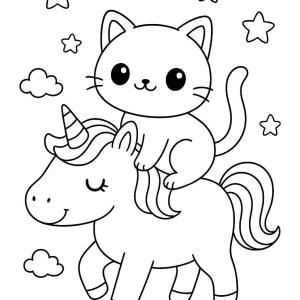 kolorowanka kot kawaii i jednorożce