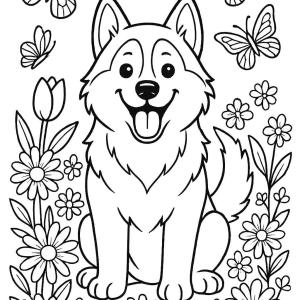 kolorowanka husky z kwiatami
