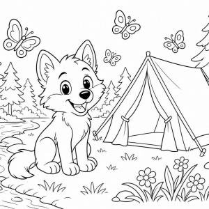 coloriage louveteau camping en forêt