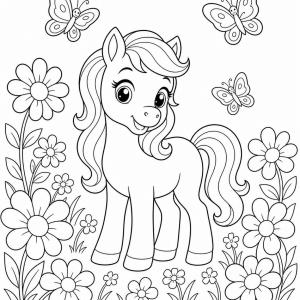coloriage poney et fleurs