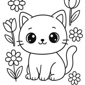 kolorowanka kot kawaii z kwiatami