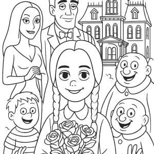 dibujo para colorear miércoles familia Addams alegre