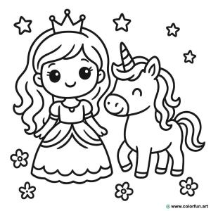 kolorowanka księżniczka kawaii jednorożec tęcza