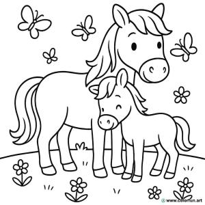 coloriage cheval et poulain avec fleurs