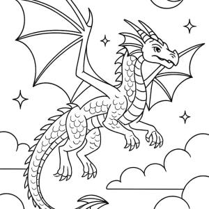 dibujo para colorear dragón en el cielo