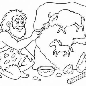 coloriage homme préhistorique peignant la grotte