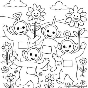kolorowanka teletubbies z kwiatami