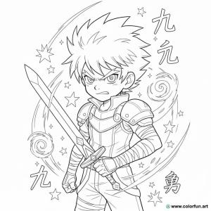 Ausmalbild von Helden im Manga-Stil